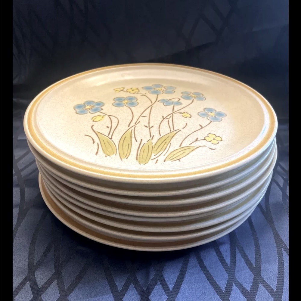 Garden Expressions Hearthside  8 Blue Flower Plates.  Springtime Stoneware